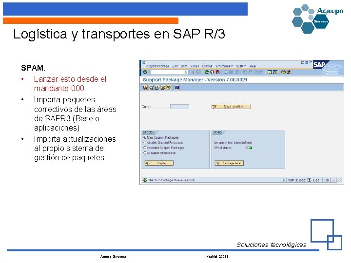 Logística y transportes en SAP R/3 SPAM. • Lanzar esto desde el mandante 000