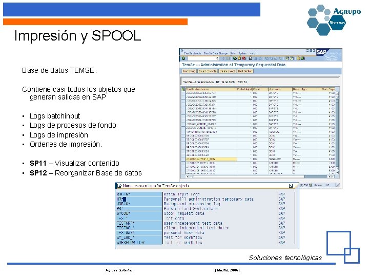 Impresión y SPOOL Base de datos TEMSE. Contiene casi todos los objetos que generan