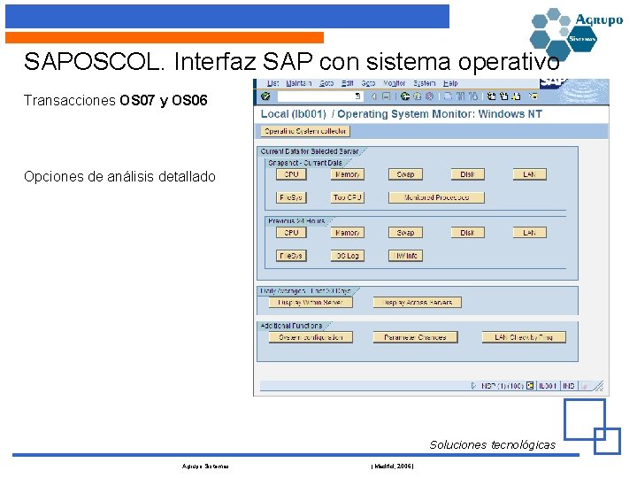 SAPOSCOL. Interfaz SAP con sistema operativo Transacciones OS 07 y OS 06 Opciones de