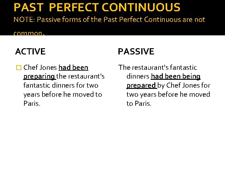PAST PERFECT CONTINUOUS NOTE: Passive forms of the Past Perfect Continuous are not common