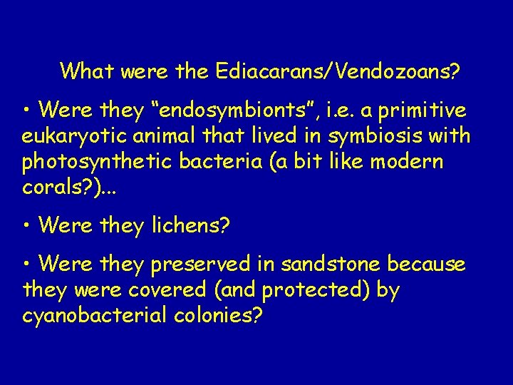 What were the Ediacarans/Vendozoans? • Were they “endosymbionts”, i. e. a primitive eukaryotic animal