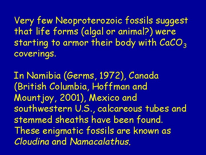 Very few Neoproterozoic fossils suggest that life forms (algal or animal? ) were starting