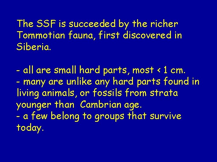 The SSF is succeeded by the richer Tommotian fauna, first discovered in Siberia. -