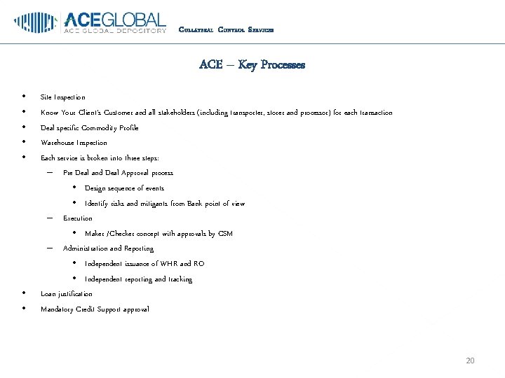 C OLLATERAL C ONTROL S ERVICES ACE – Key Processes • • Site Inspection