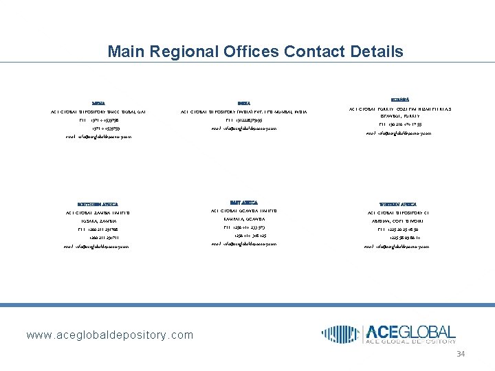 Main Regional Offices Contact Details MENA ACE GLOBAL DEPOSITORY DMCC DUBAI, UAE TEL :