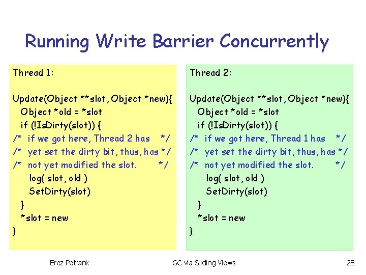 Running Write Barrier Concurrently Thread 1: Thread 2: Update(Object **slot, Object *new){ Object *old