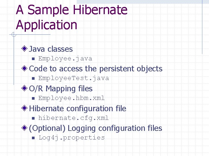 A Sample Hibernate Application Java classes n Employee. java Code to access the persistent
