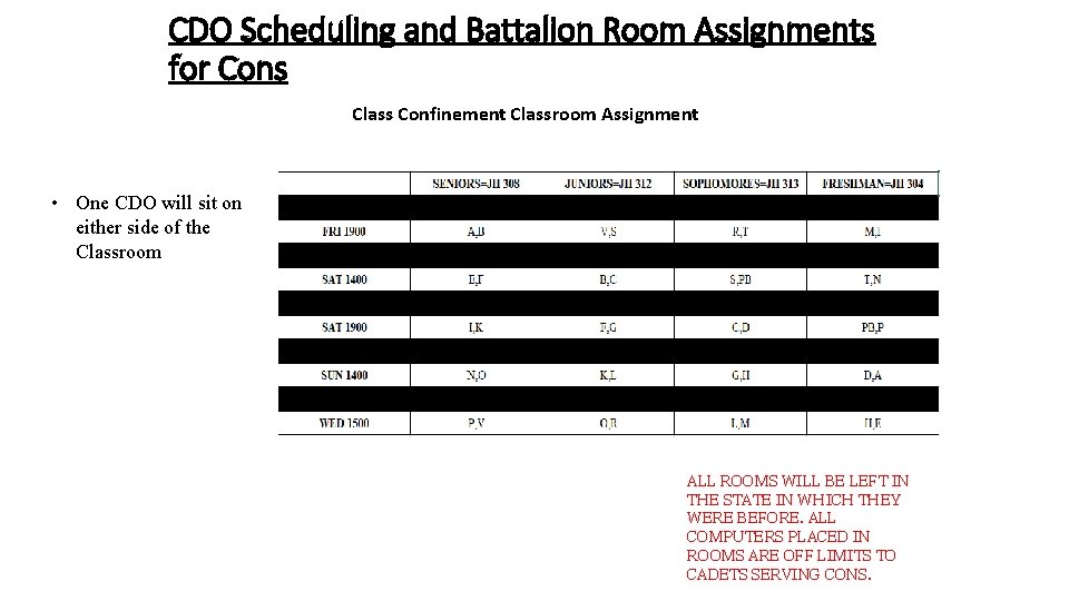 CDO Scheduling and Battalion Room Assignments for Cons Class Confinement Classroom Assignment • One