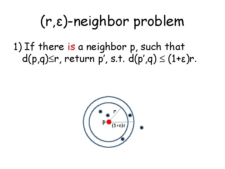 (r, ε)-neighbor problem 1) If there is a neighbor p, such that d(p, q)