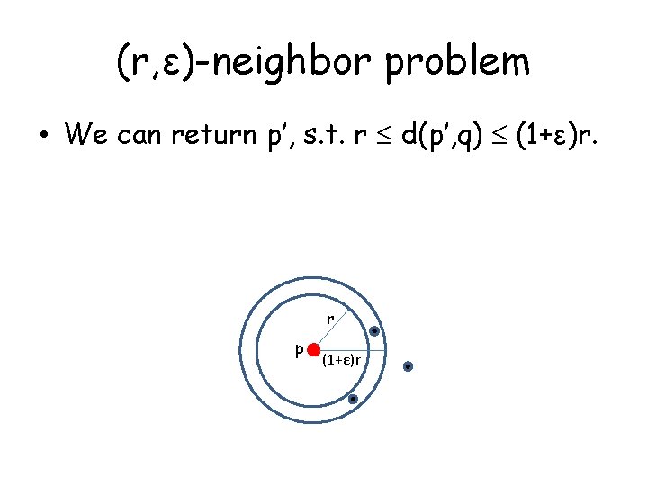 (r, ε)-neighbor problem • We can return p’, s. t. r d(p’, q) (1+ε)r.