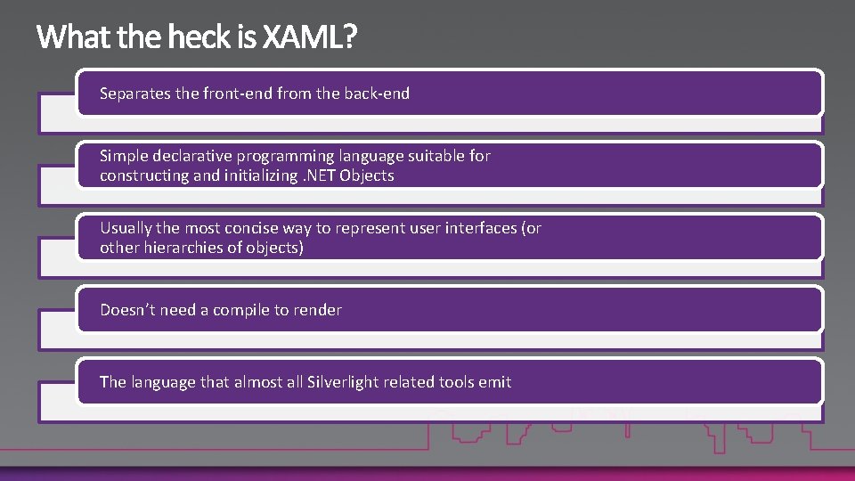 Separates the front-end from the back-end Simple declarative programming language suitable for constructing and