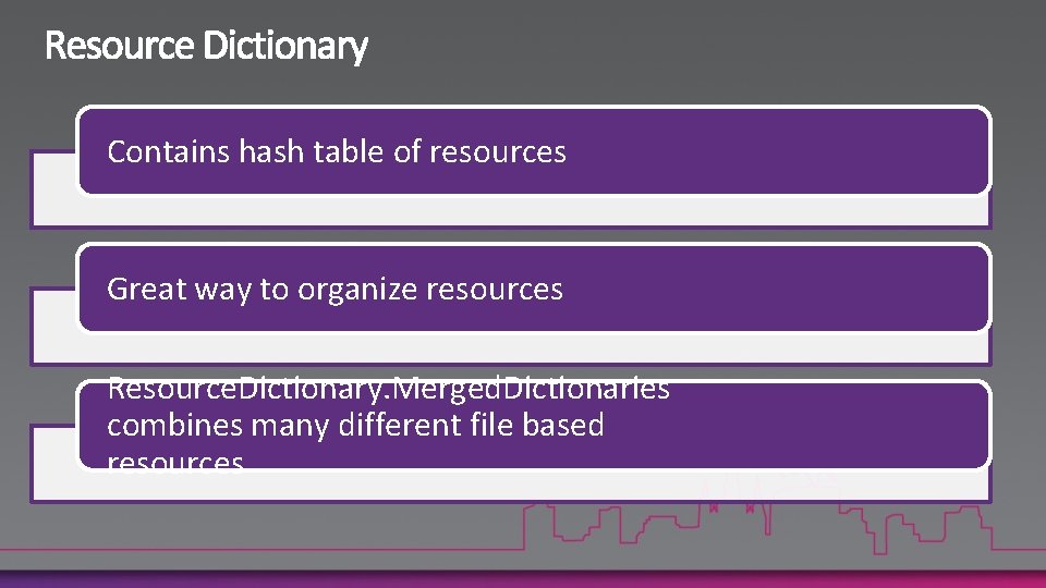 Contains hash table of resources Great way to organize resources Resource. Dictionary. Merged. Dictionaries