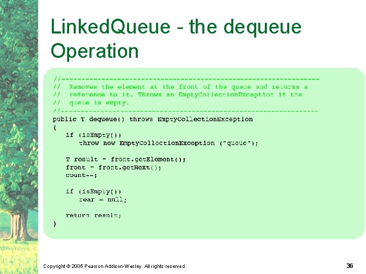 Linked. Queue - the dequeue Operation Copyright © 2005 Pearson Addison-Wesley. All rights reserved.