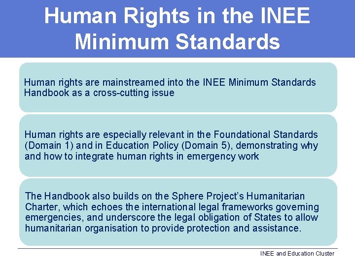 Human Rights in the INEE Minimum Standards Human rights are mainstreamed into the INEE