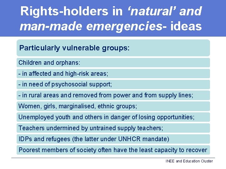 Rights-holders in ‘natural’ and man-made emergencies- ideas Particularly vulnerable groups: Children and orphans: -