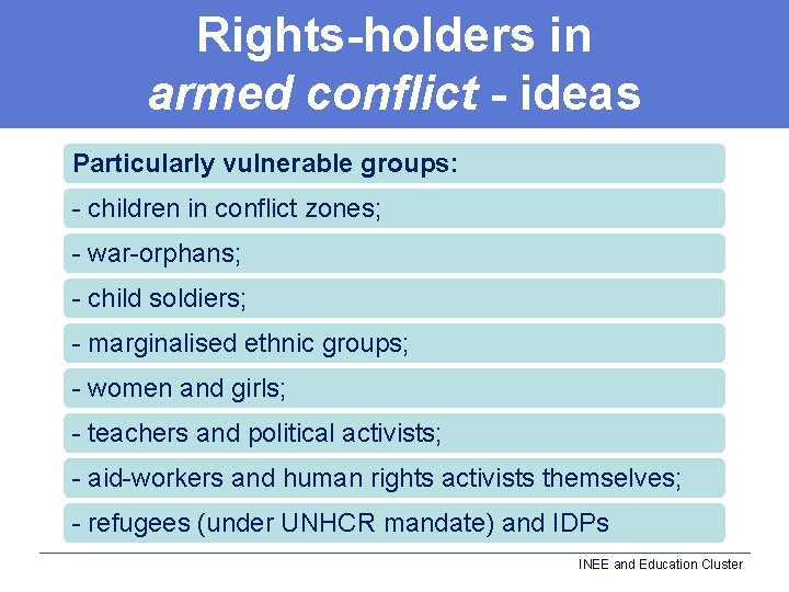 Rights-holders in armed conflict - ideas Particularly vulnerable groups: - children in conflict zones;