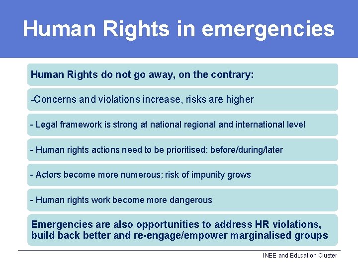 Human Rights in emergencies Human Rights do not go away, on the contrary: -Concerns