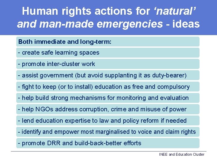 Human rights actions for ‘natural’ and man-made emergencies - ideas Both immediate and long-term: