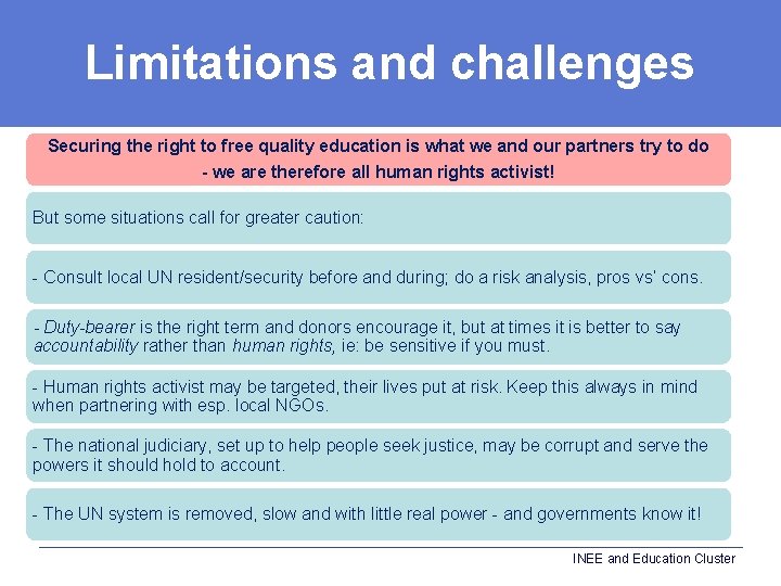 Limitations and challenges Securing the right to free quality education is what we and
