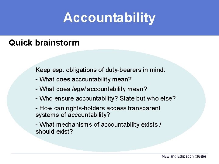 Accountability Quick brainstorm Keep esp. obligations of duty-bearers in mind: - What does accountability