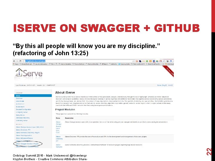 ISERVE ON SWAGGER + GITHUB Ontology Summit 2016 - Mark Underwood @Knowlengr Krypton Brothers