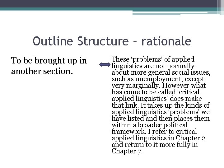 Outline Structure – rationale To be brought up in another section. These ‘problems’ of