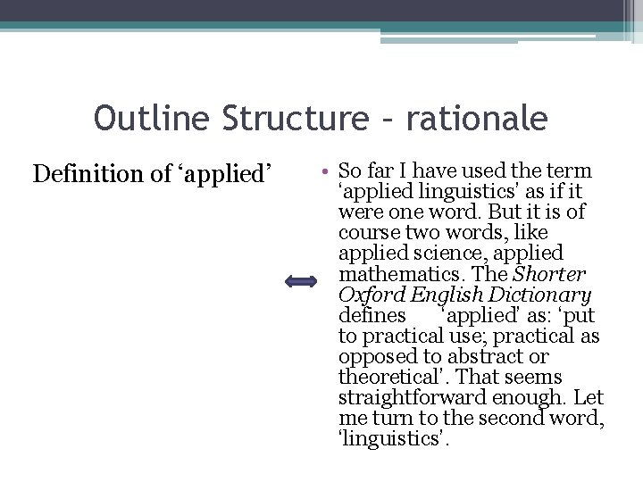 Outline Structure – rationale Definition of ‘applied’ • So far I have used the