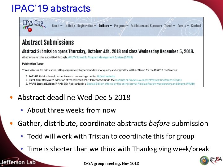 IPAC’ 19 abstracts • Abstract deadline Wed Dec 5 2018 • About three weeks