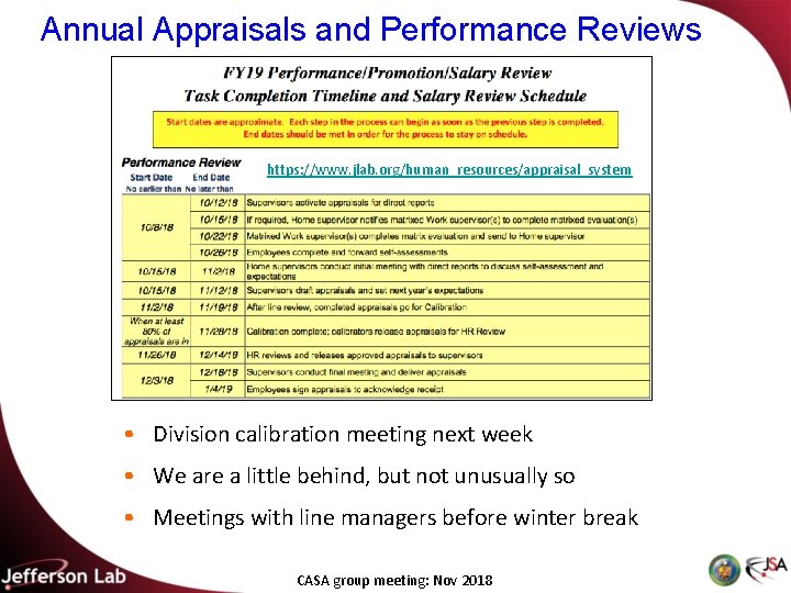 Annual Appraisals and Performance Reviews https: //www. jlab. org/human_resources/appraisal_system • Division calibration meeting next