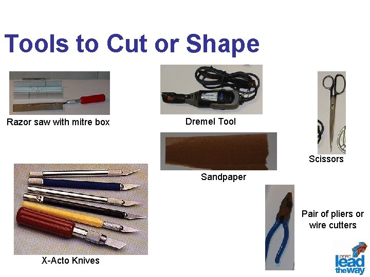 Tools to Cut or Shape Razor saw with mitre box Dremel Tool Scissors Sandpaper