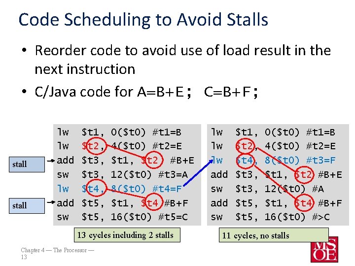 Code Scheduling to Avoid Stalls • Reorder code to avoid use of load result