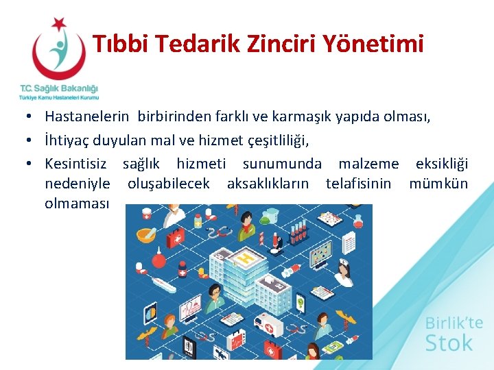 Tıbbi Tedarik Zinciri Yönetimi • Hastanelerin birbirinden farklı ve karmaşık yapıda olması, • İhtiyaç