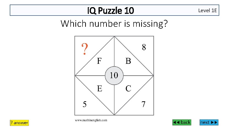 IQ Puzzle 10 Which number is missing? Level 1 E 
