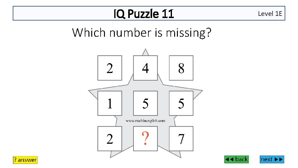 IQ Puzzle 11 Which number is missing? Level 1 E 