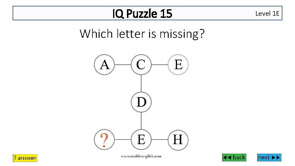 IQ Puzzle 15 Which letter is missing? Level 1 E 