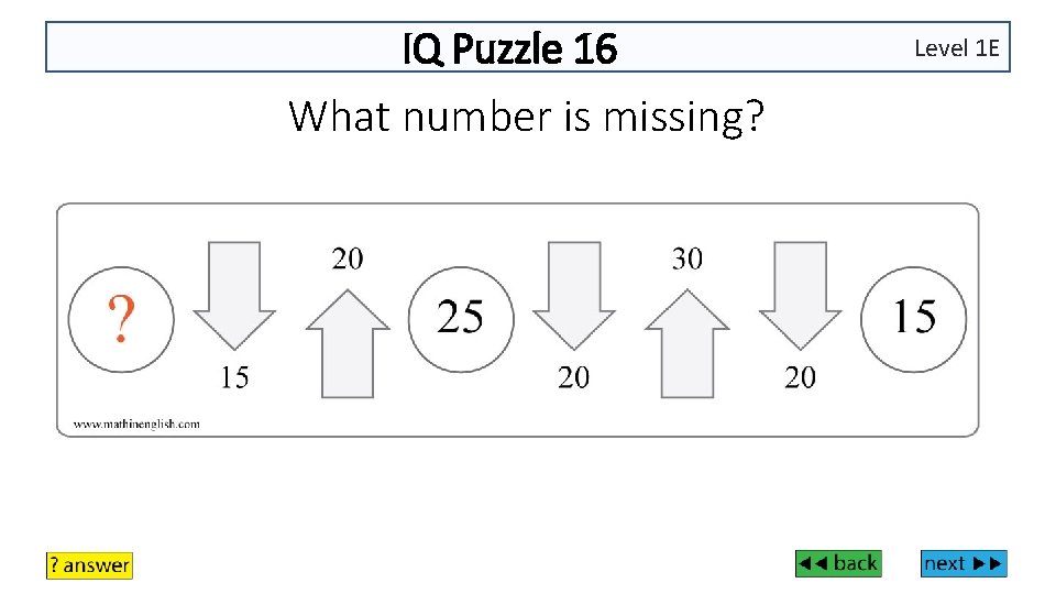 IQ Puzzle 16 What number is missing? Level 1 E 