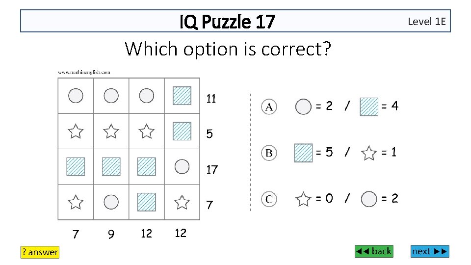 IQ Puzzle 17 Which option is correct? Level 1 E 