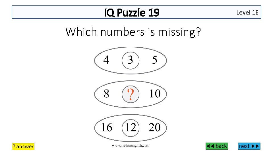 IQ Puzzle 19 Which numbers is missing? Level 1 E 