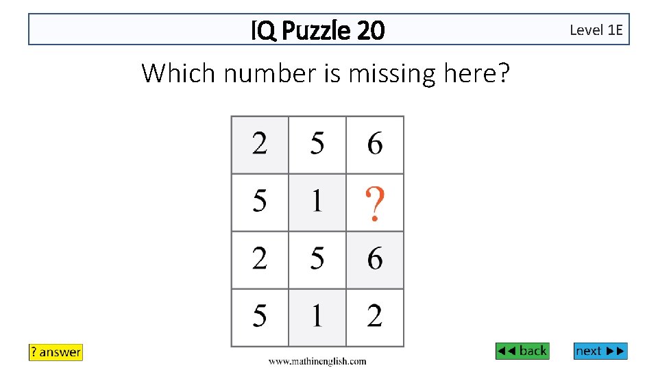 IQ Puzzle 20 Which number is missing here? Level 1 E 
