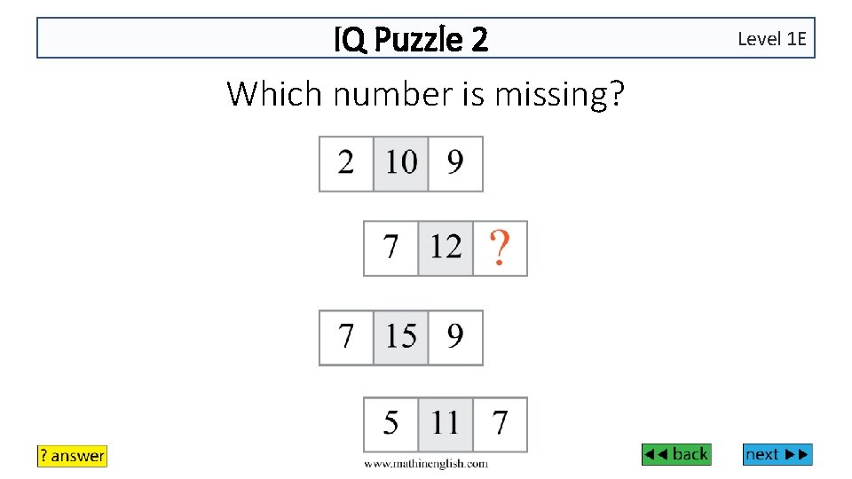 IQ Puzzle 2 Which number is missing? Level 1 E 