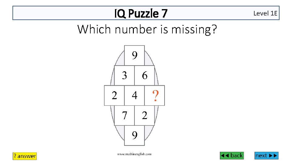 IQ Puzzle 7 Which number is missing? Level 1 E 