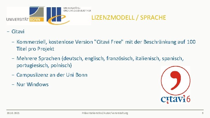 LIZENZMODELL / SPRACHE − Citavi − Kommerziell, kostenlose Version "Citavi Free" mit der Beschränkung