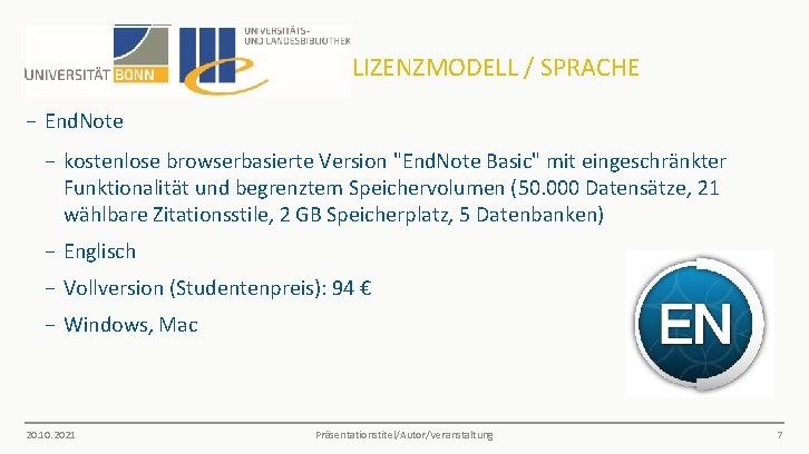 LIZENZMODELL / SPRACHE − End. Note − kostenlose browserbasierte Version "End. Note Basic" mit