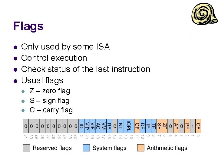 Flags l l Only used by some ISA Control execution Check status of the