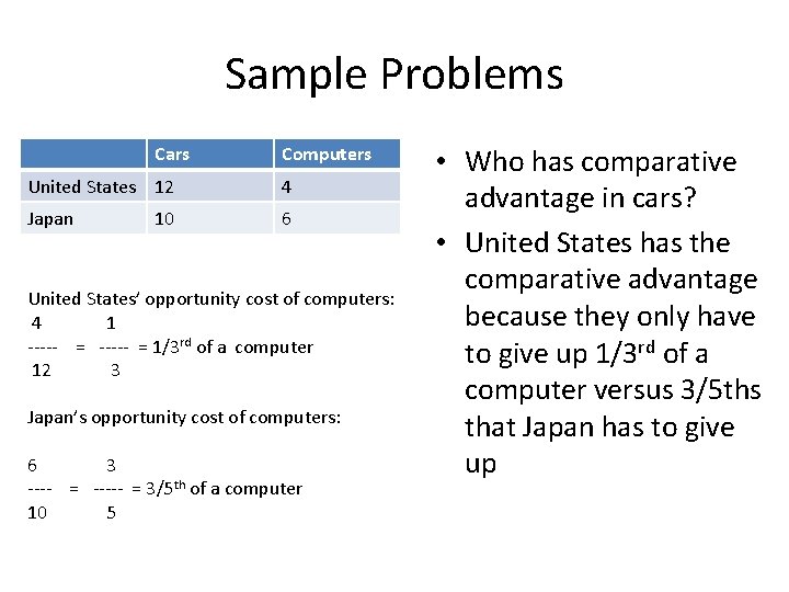 Sample Problems Cars Computers United States 12 4 Japan 6 10 United States’ opportunity