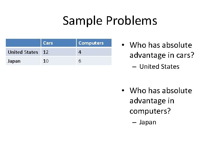 Sample Problems Cars Computers United States 12 4 Japan 6 10 • Who has