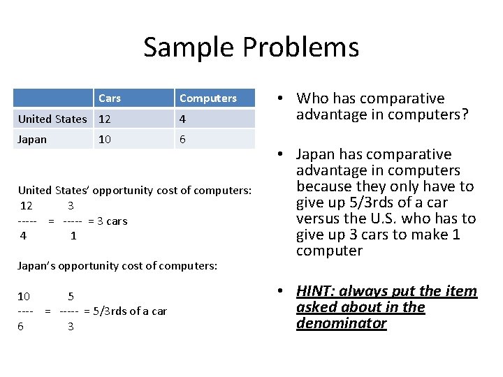 Sample Problems Cars Computers United States 12 4 Japan 6 10 United States’ opportunity