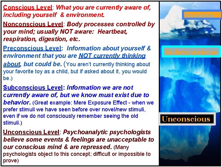 Conscious Level: What you are currently aware of, including yourself & environment. Nonconscious Level: