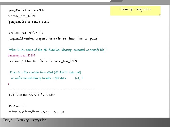 [pang@node 1 benzene]$ ls benzene_bzo_DEN [pang@node 1 benzene]$ cut 3 d. Version 5. 3.