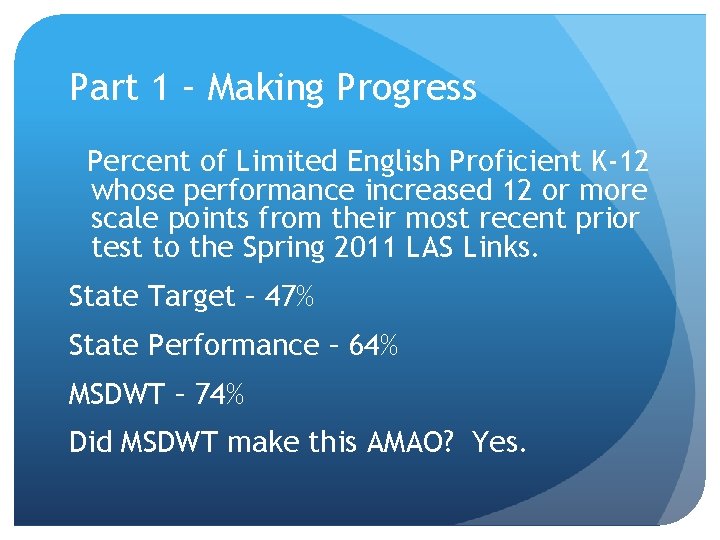 Part 1 – Making Progress Percent of Limited English Proficient K-12 whose performance increased